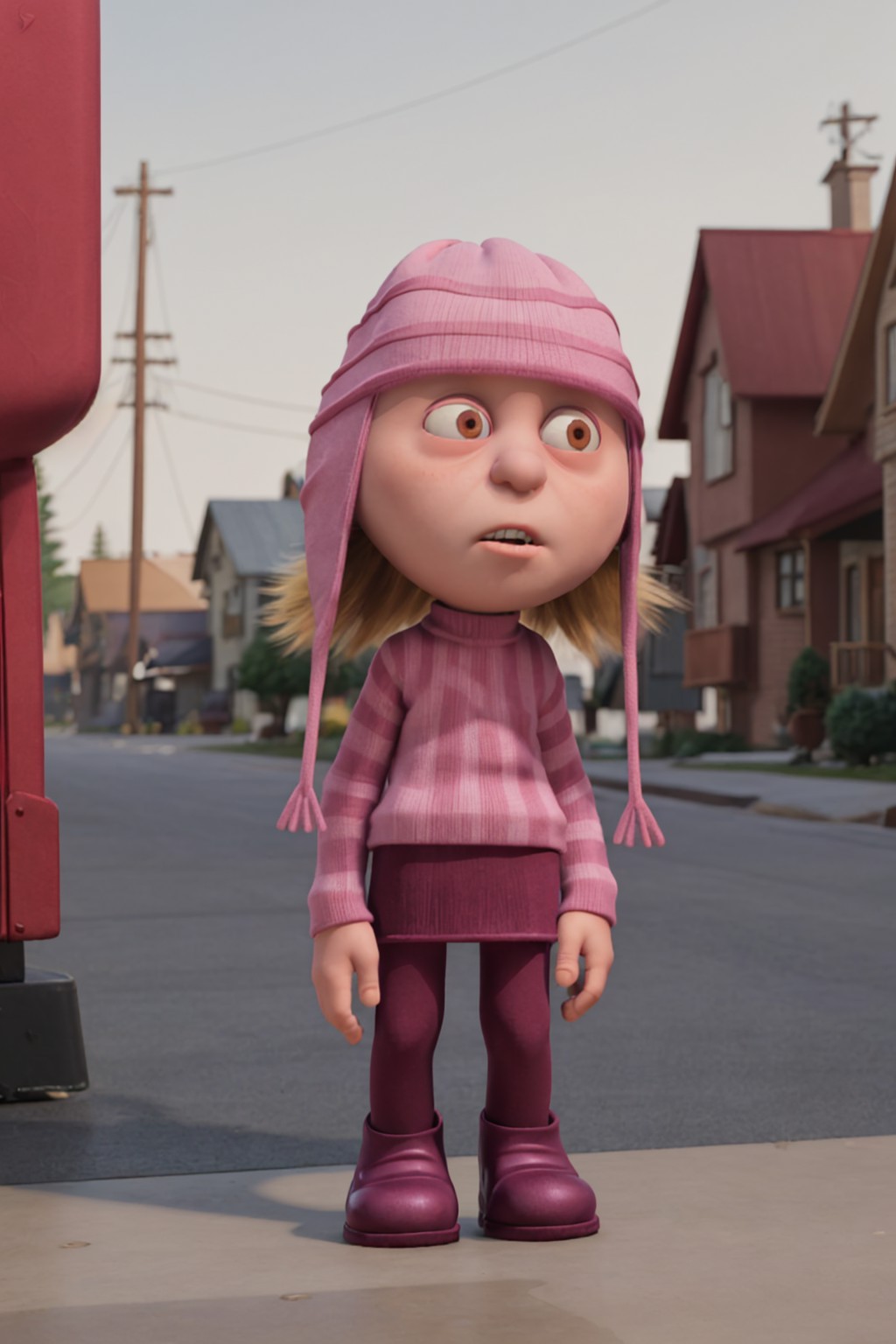 female child edith from despicable me hat sweater skirt stockings shoes standing on side walk suburbs  <lora:edith-000004:1>